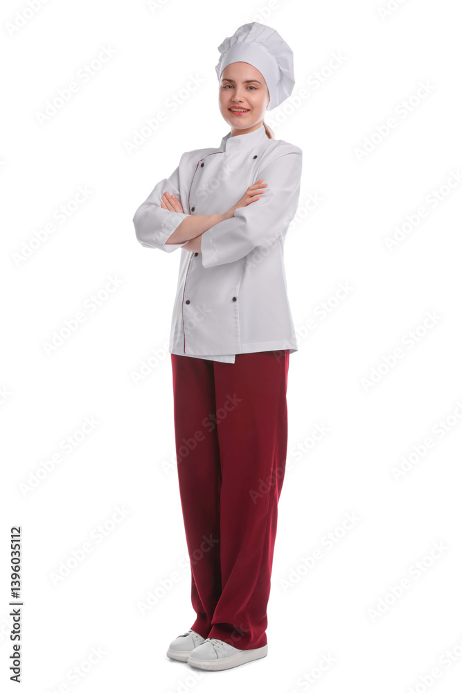 Confectioner in uniform with crossed arms on white background Confectioner in uniform with crossed arms on white background