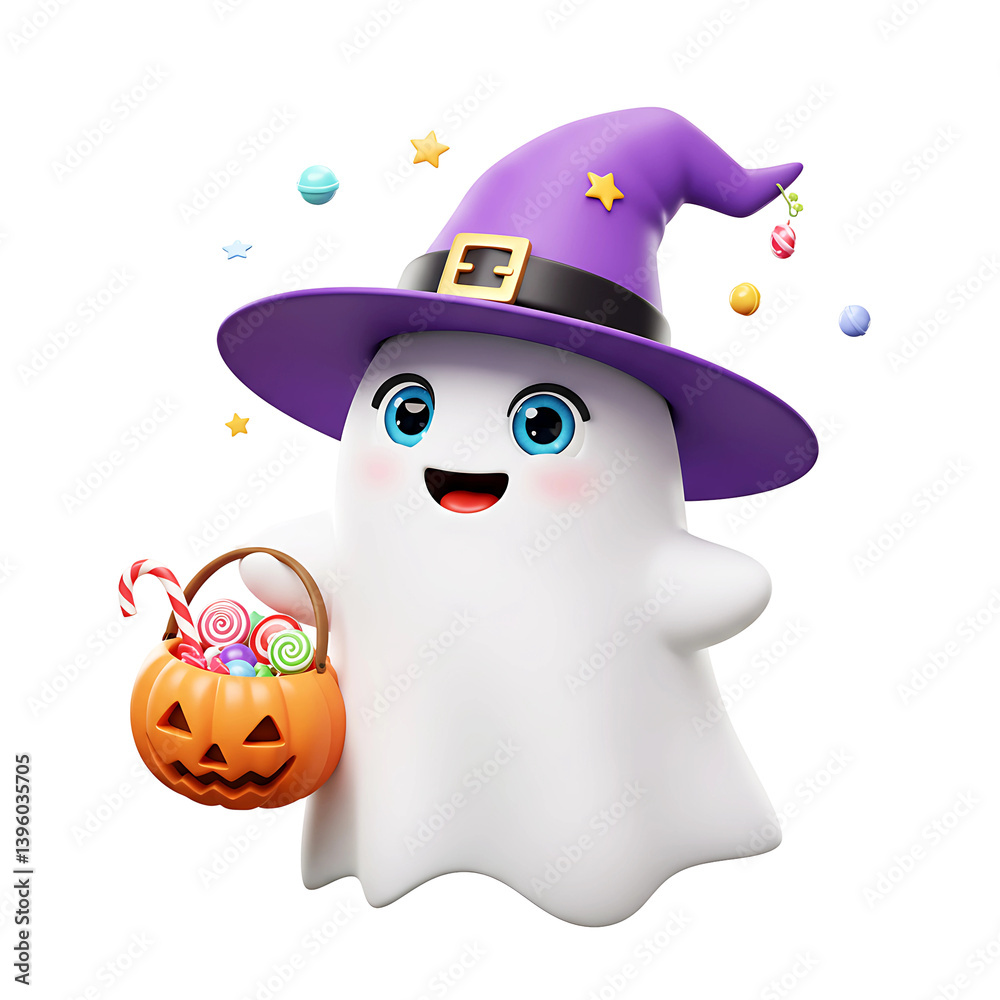 Halloween Ghost with Witch Hat and Candy Bucket On Transparent Background Halloween Ghost with Witch Hat and Candy Bucket On Transparent Background