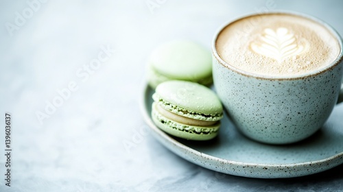   A cup of cappuccino with green macaroons on a saucer on a white table