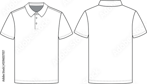 Editable technical fashion sketch of a short-sleeved Polo shirt with a fabric collar, buttoned front closure. Front and Back views. For apparel design, tech packs, and fashion production.