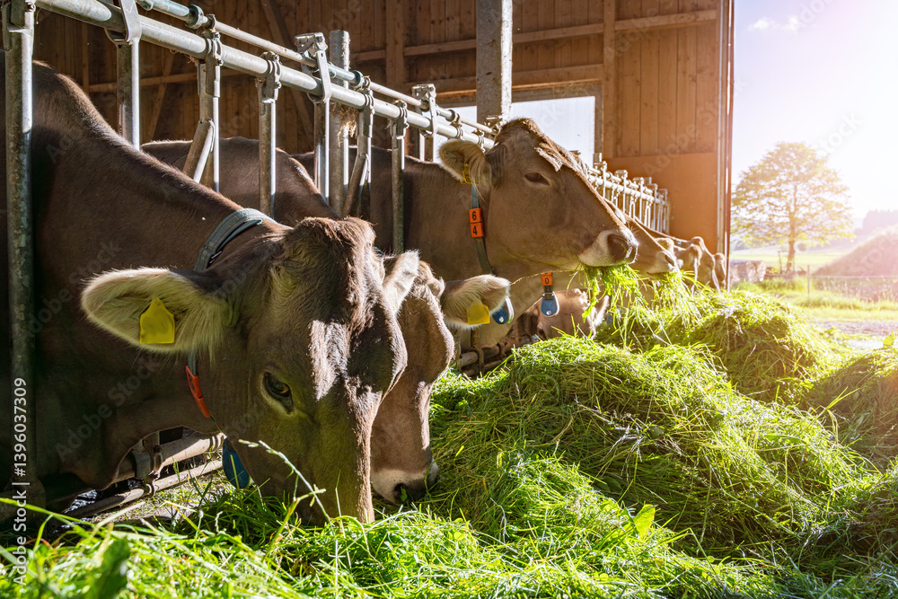 Heumilch - Erzeugung, Braunvieh frisst gemühtlich das vorgelegt Gras im Stall im Gegenlicht der untergehenden Sonne, Nahaufnahme.