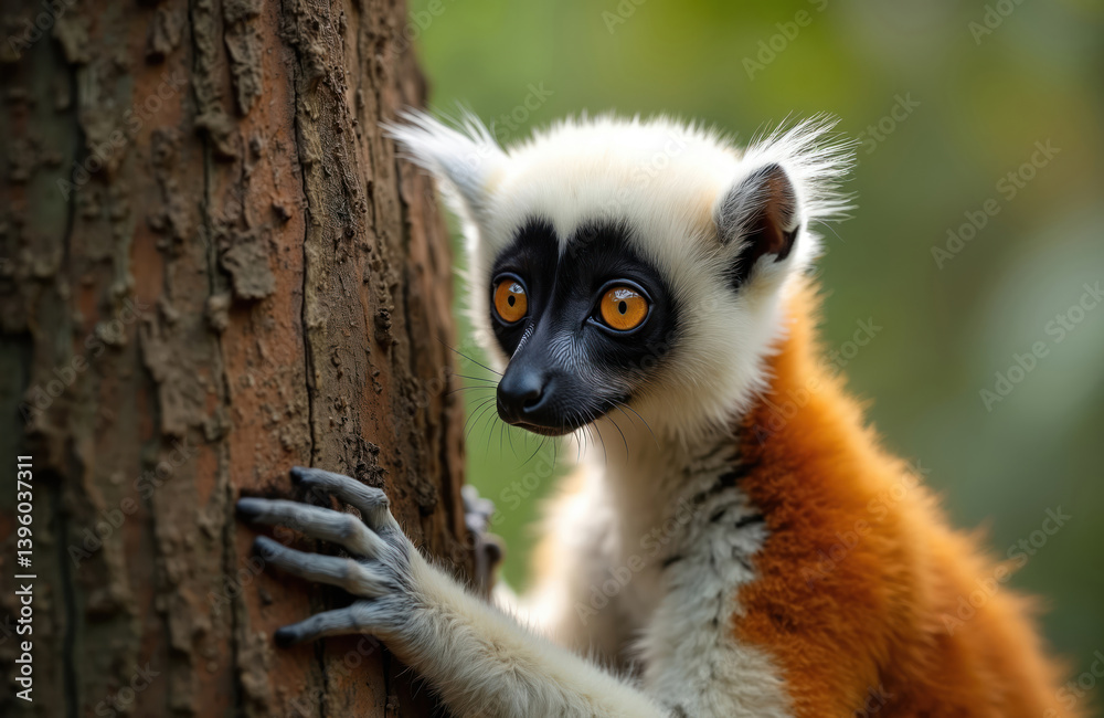 Obraz premium Coquerel sifaka lemur clings tree. Curious primate with big yellow eyes, black face, white fur, orange body. Endangered animal from Madagascar forest. Wildlife photo in natural habitat.
