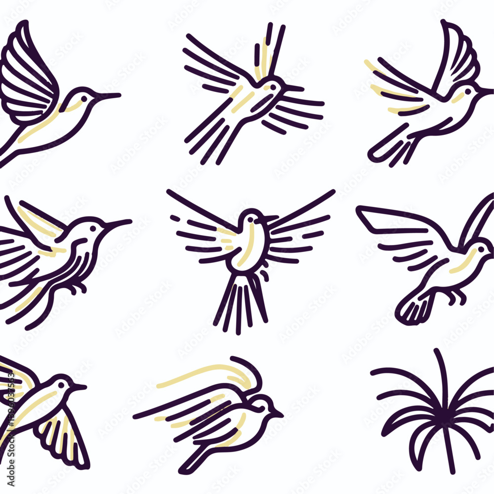 Obraz premium Vector illustration of a set of flying birds with silhouettes of eagle, dove, pigeon, and hawk, symbolizing freedom and nature with tribal and tattoo-inspired design elements