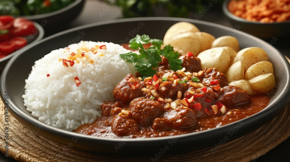 Hearty Meal with Rice Meat Curry and Potatoes Served in a Bowl for Comfort Food Enthusiasts Hearty Meal with Rice Meat Curry and Potatoes Served in a Bowl for Comfort Food Enthusiasts