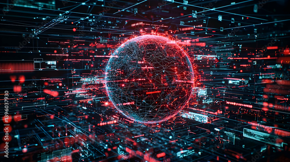 Fototapeta premium Abstract Glowing Sphere In Data Network Background