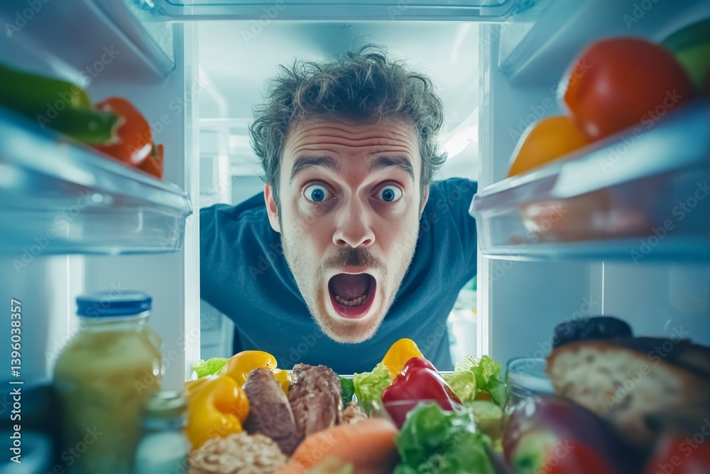 A surprised man gazes into a well stocked fridge full of food from inside the refrigerator