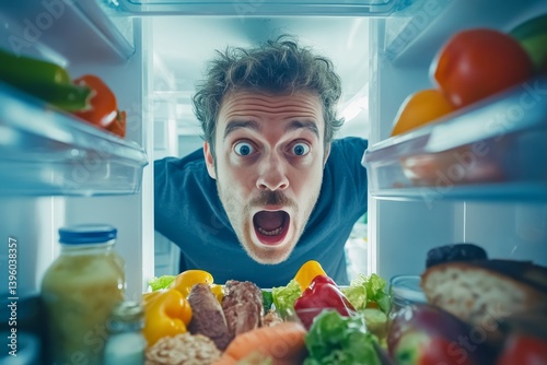 Obraz na płótnie A surprised man gazes into a well stocked fridge full of food from inside the refrigerator w salonie