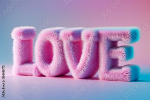 3D Rendered Fluffy LOVE Word, Artistic Typography Concept, Isolated on Gradient Background, Romantic Expression, Textured Lettering, Cute and Playful, Valentine's Day Design