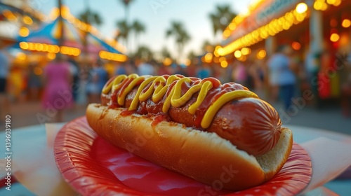 Juicy Hot Dog with Ketchup and Mustard on a Festive Plate Perfect for Carnivals and Fairs