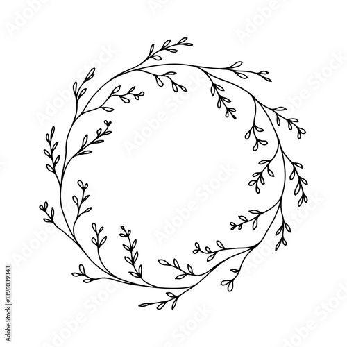 Minimal Botanical Wreath with Loose Leaves. A minimal botanical wreath with loosely arranged slender leaves in a circular layout, offering an airy and natural design perfect for branding or decor.