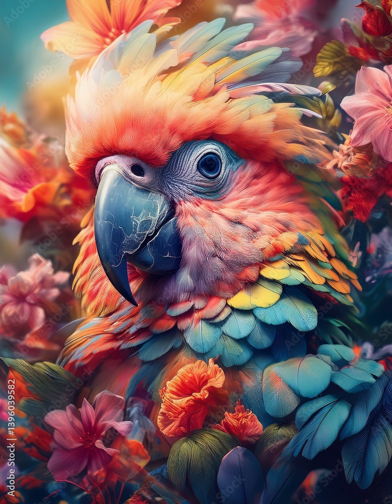 Obraz premium A vibrant pastel painting of a parrot among colorful tropical flowers, featuring soft textures, intricate details, and layered strokes for a dreamy, exotic, and artistic look.