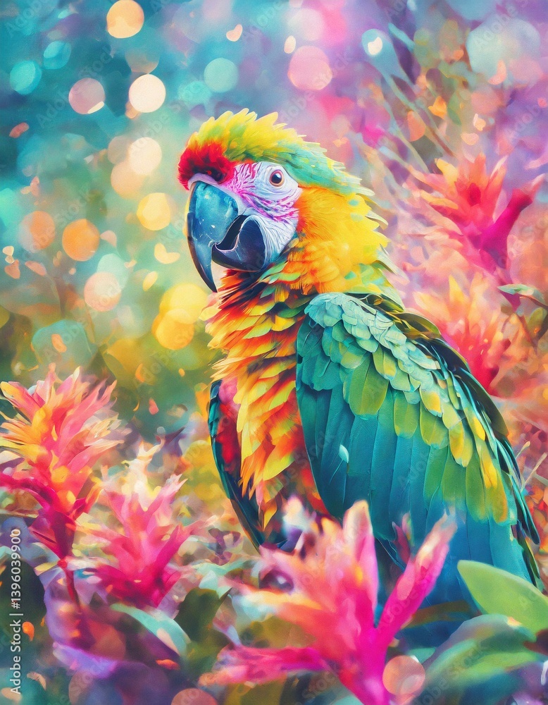 Fototapeta premium A vibrant pastel painting of a parrot among colorful tropical flowers, featuring soft textures, intricate details, and layered strokes for a dreamy, exotic, and artistic look.