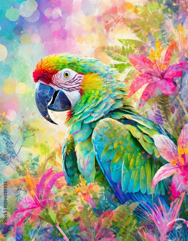Fototapeta premium A vibrant pastel painting of a parrot among colorful tropical flowers, featuring soft textures, intricate details, and layered strokes for a dreamy, exotic, and artistic look.