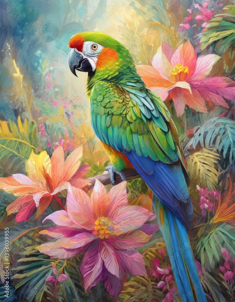 Fototapeta premium A vibrant pastel painting of a parrot among colorful tropical flowers, featuring soft textures, intricate details, and layered strokes for a dreamy, exotic, and artistic look.
