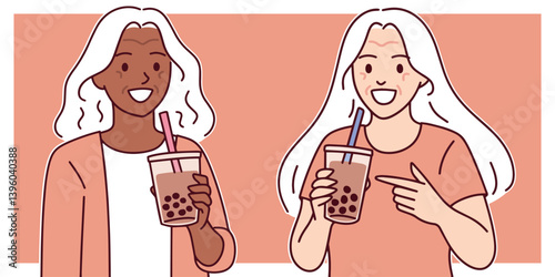 Smiling mixed race friends with bubble tea in hand, representing social bonding, urban lifestyle, and fun beverage moments, seniors