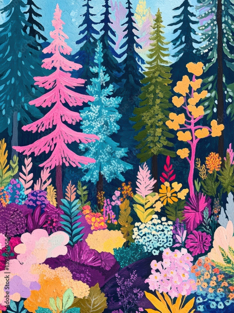 Obraz premium A vibrant forest filled with colorful trees and flowers
