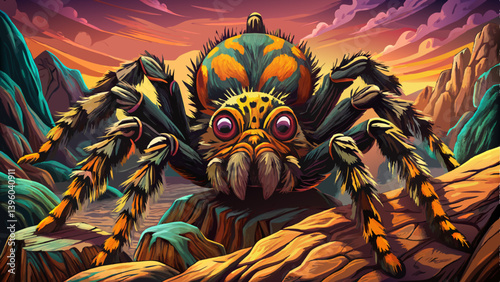 Angry Tarantula Spider portrait on rock formation desert under a strange colored sky, animal banner