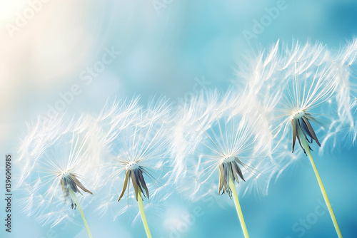 Dandelions against a soft blue and white background