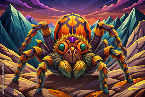 Angry Tarantula Spider portrait on rock formation desert under a strange colored sky, animal banner