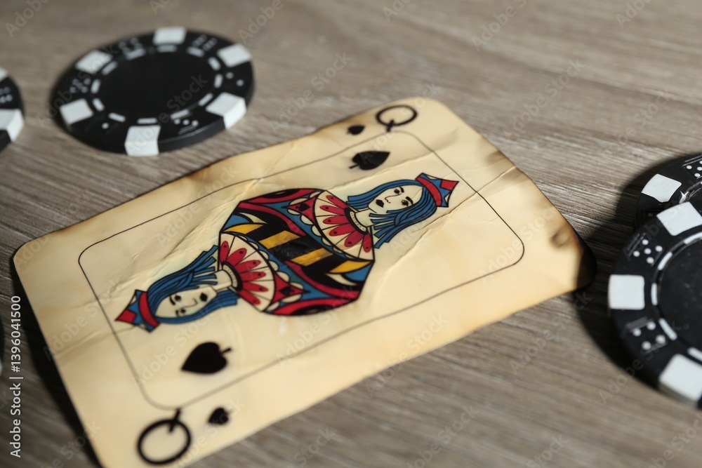 Old vintage playing card and poker chips on wooden table, closeup