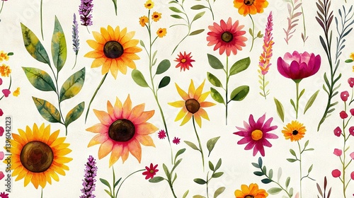   A white background with green leaves and a bouquet of purple and yellow flowers