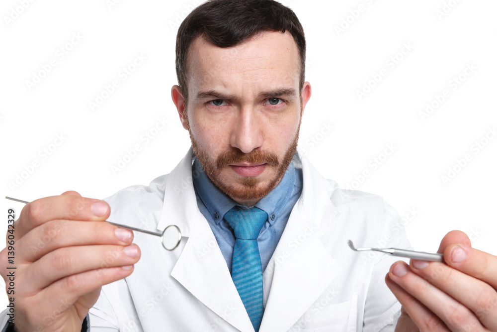 Professional dentist with tools on white background Professional dentist with tools on white background