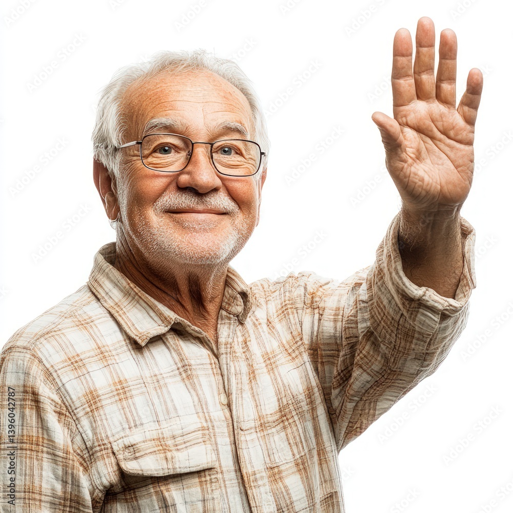 Elderly man waving gently with a kind smile, isolated on white background Elderly man waving gently with a kind smile, isolated on white background