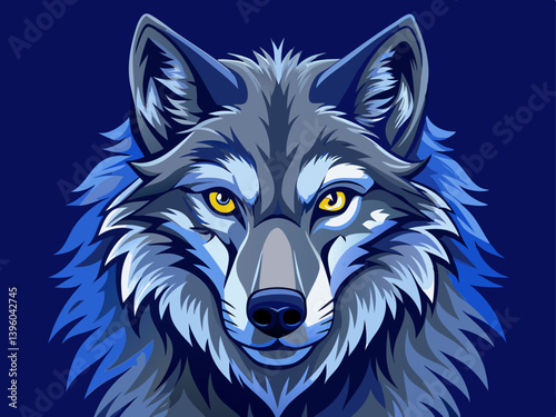 A professional vector of a wild wolf with piercing eyes, placed on a solid dark blue background