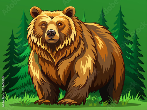 A high-quality vector of a strong grizzly bear in a forest setting, placed on a solid green background