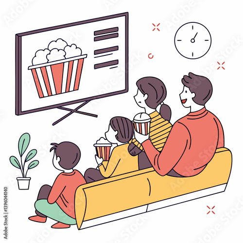 Flat style composition of family watching a movie at home with popcorn, cozy mood, clean background.