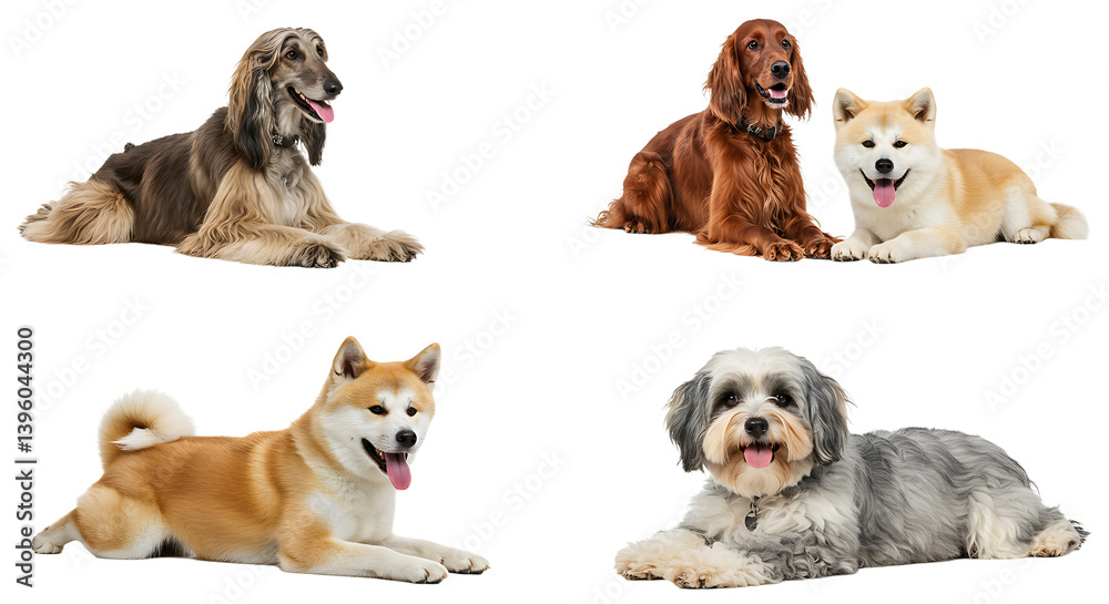Obraz premium Four different dogs lying down on white background