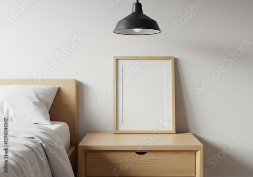 Bedroom interior design mockup with frame on nightstand and lamp above photo