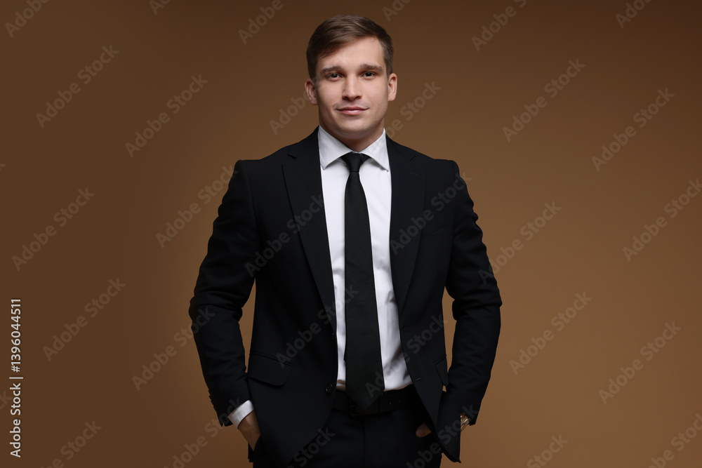 Man in classic suit on brown background