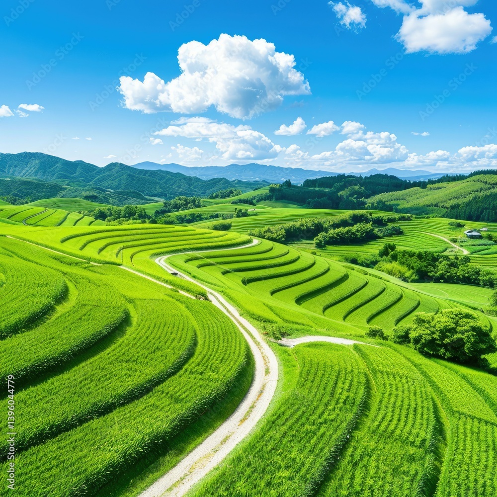 Fototapeta premium Lush Green Rice Terraces Winding Path Scenic Landscape Under Blue Sky