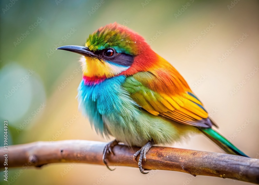 Fototapeta premium Macro Photography: Tiny Bird Perched on a Branch, Detailed Feathers and Delicate Twig