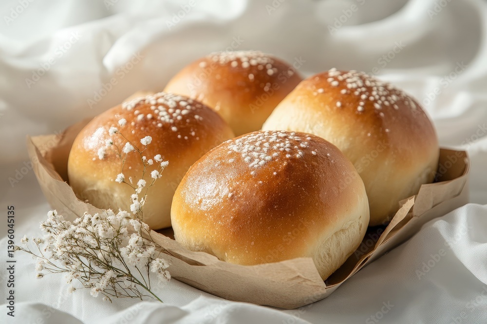 Delicious golden baked bread rolls presented in a rustic paper container