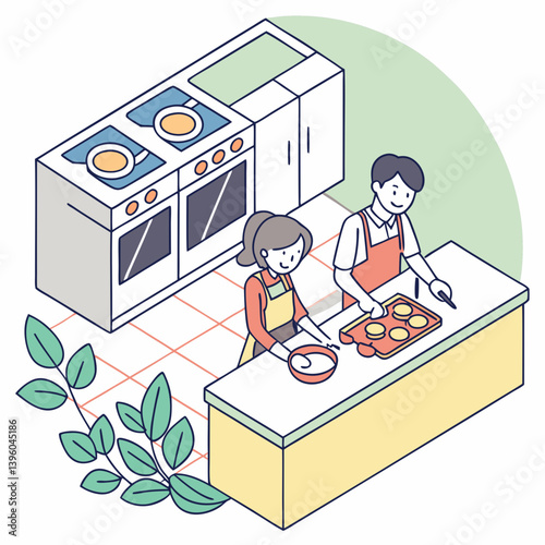 Flat style graphic of a couple cooking together in a modern kitchen, cheerful atmosphere, top-down view.