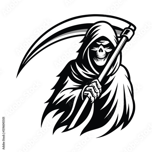 Grim Reaper Silhouette. Death with Scythe. Halloween Symbol. Black and White Art