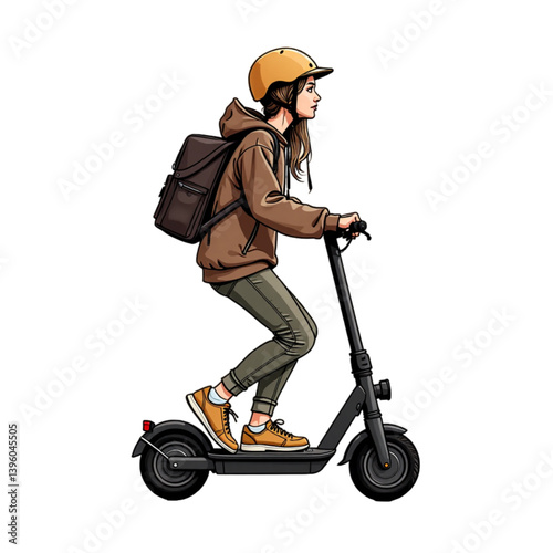Woman active riding scooter on white background 