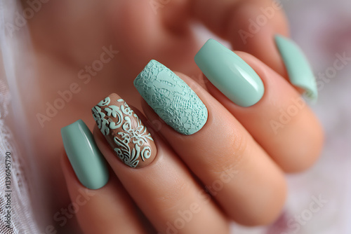 Obraz na płótnie A charming display of mint chocolate-inspired nail art, reflecting sophistication and creativity. w salonie