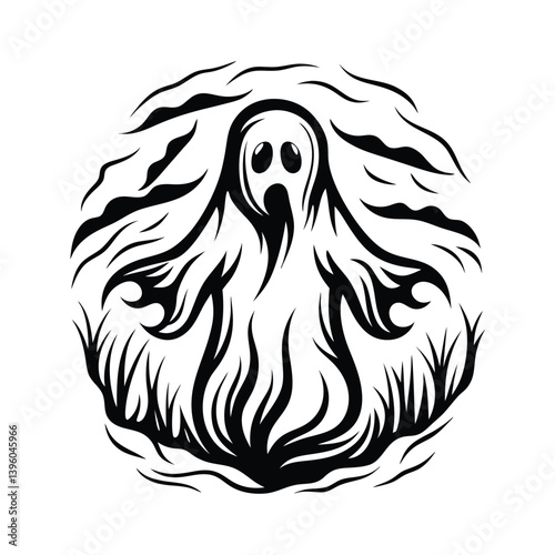 Black Silhouette of Floating Wraith with Glowing Eyes and Extended Arms on White