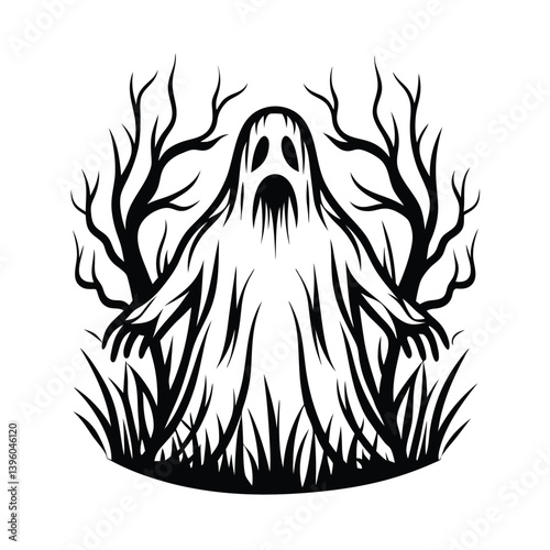 Spooky Specter Silhouette with Glowing Eyes, Ethereal Form, and Flowing Design on White