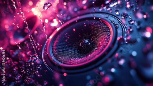 High-speed close-up of a powerful subwoofer speaker, blasting deep bass as water droplets fly off its surface, illuminated by vibrant neon lighting.