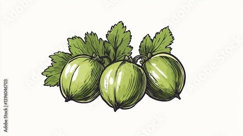 Minimal Simple Hand-Drawn Gooseberry Illustration with Bold Colors, Three Ripe Berries and Leaves, Detailed Sketch Style, Ideal for Food Art, Prints, and Design on white background.