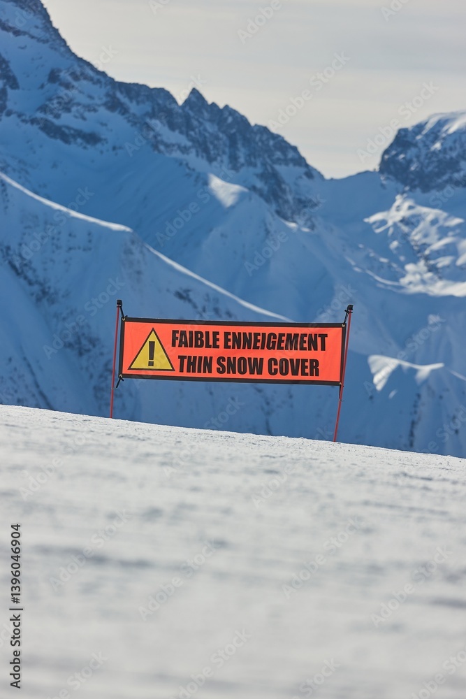 Ski warning sign for lack of snow, thin snow cover