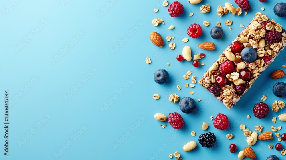 Mockup of Energy Bar with Nuts and Berries on Blue Background for Healthy Snacking and Marketing Concept Mockup of Energy Bar with Nuts and Berries on Blue Background for Healthy Snacking and Marketing Concept