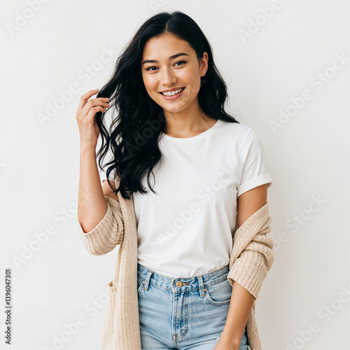 Young woman with straight hair, standing with a confident look
