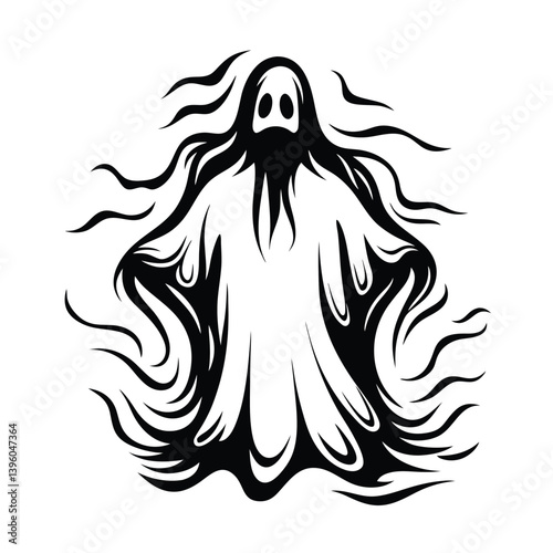 Creepy Silhouette Figure with Flowing Robes and Evil Eyes, Black Color Isolated