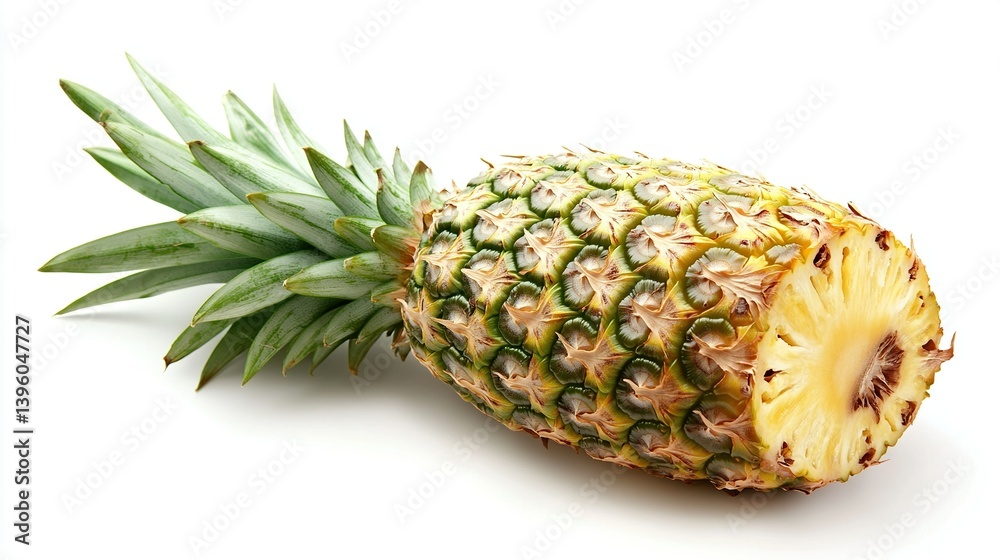 On a white background, a fresh pineapple, perfect for tropical recipes. On a white background, a fresh pineapple, perfect for tropical recipes.