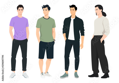 Diverse Men s Clothing Set. A collection of fashionable men in different outfits, ranging from casual summer wear to elegant smart-casual looks.
